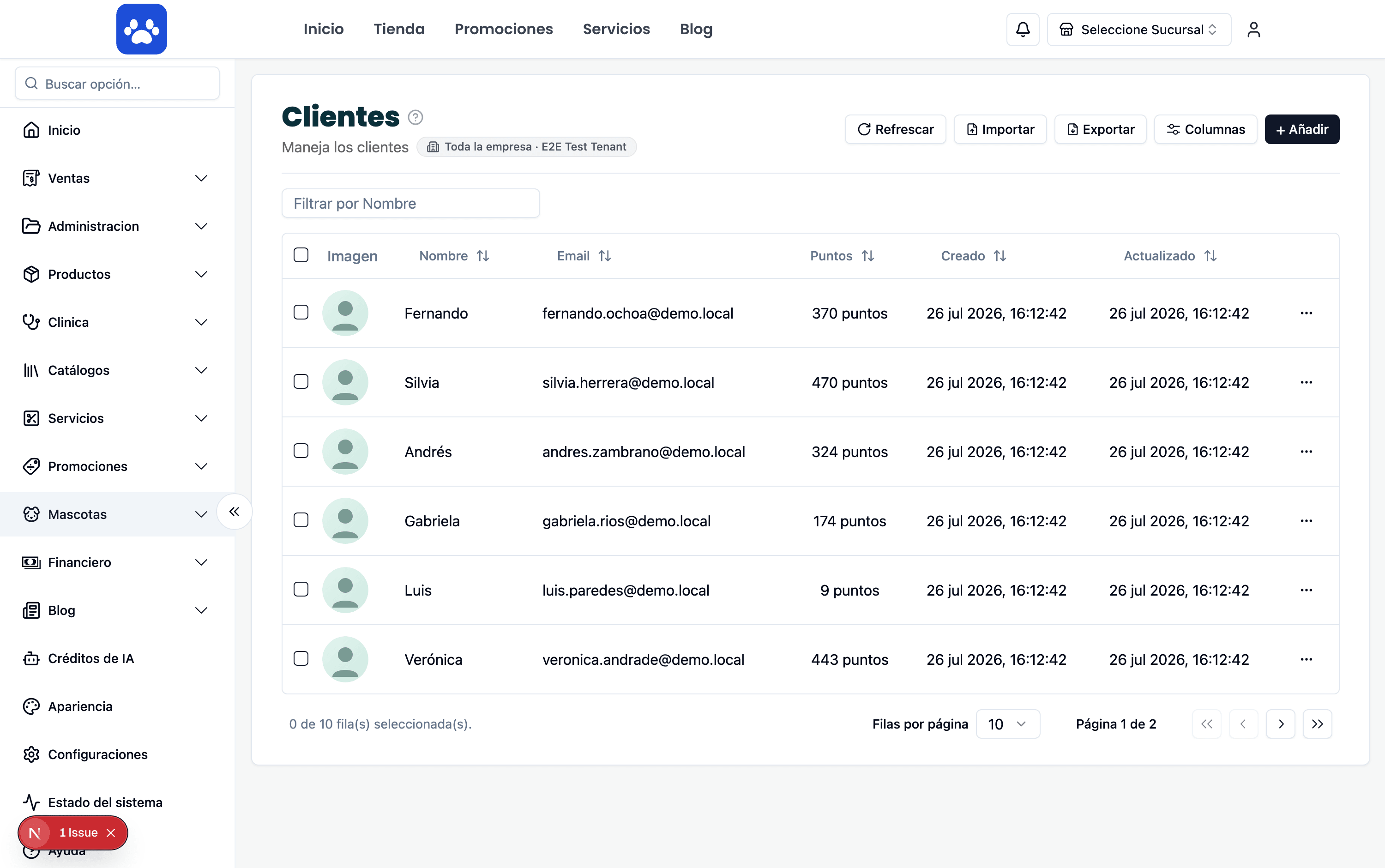 Base de clientes — Captura real del sistema