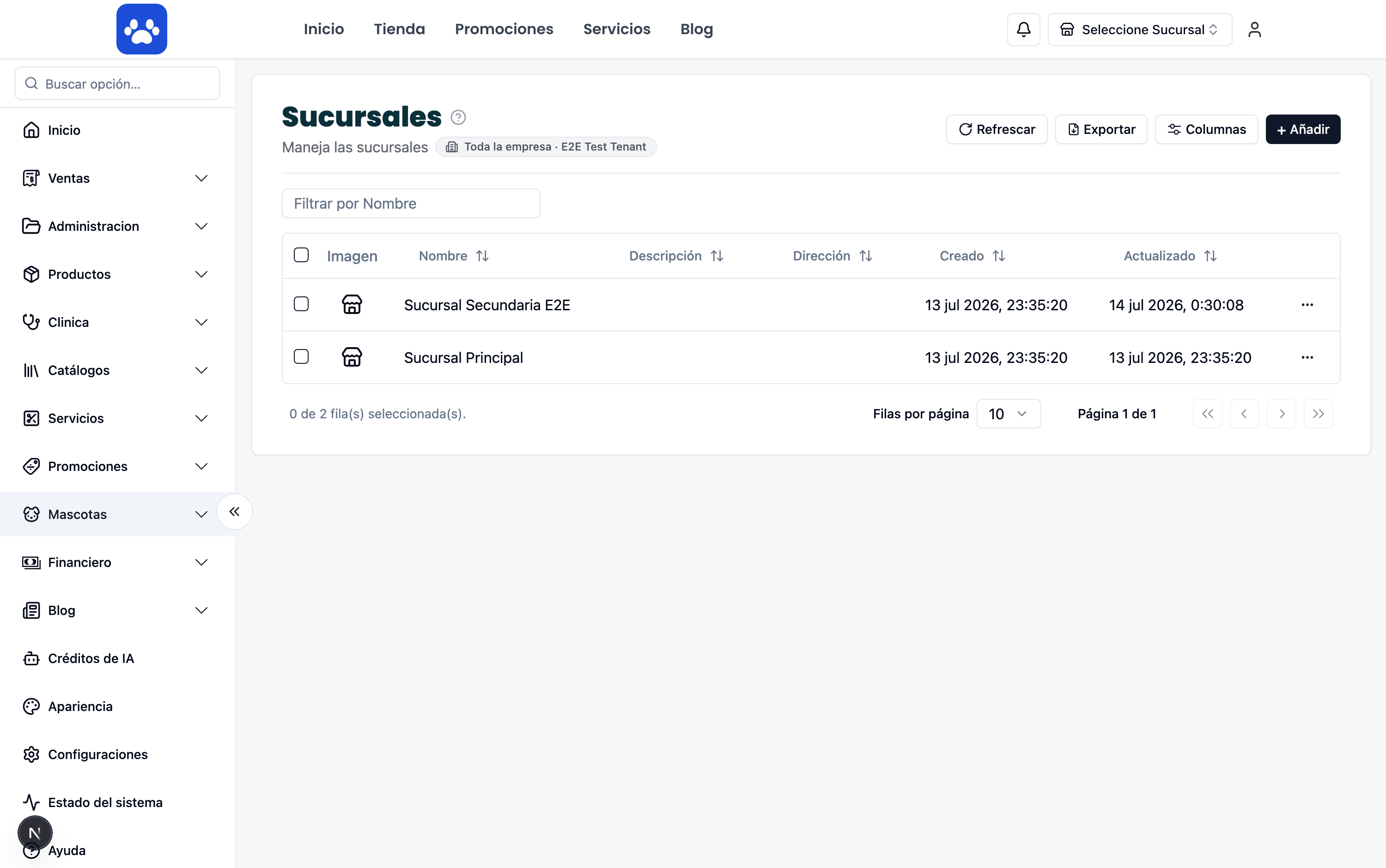 Multisucursal — Captura real del sistema