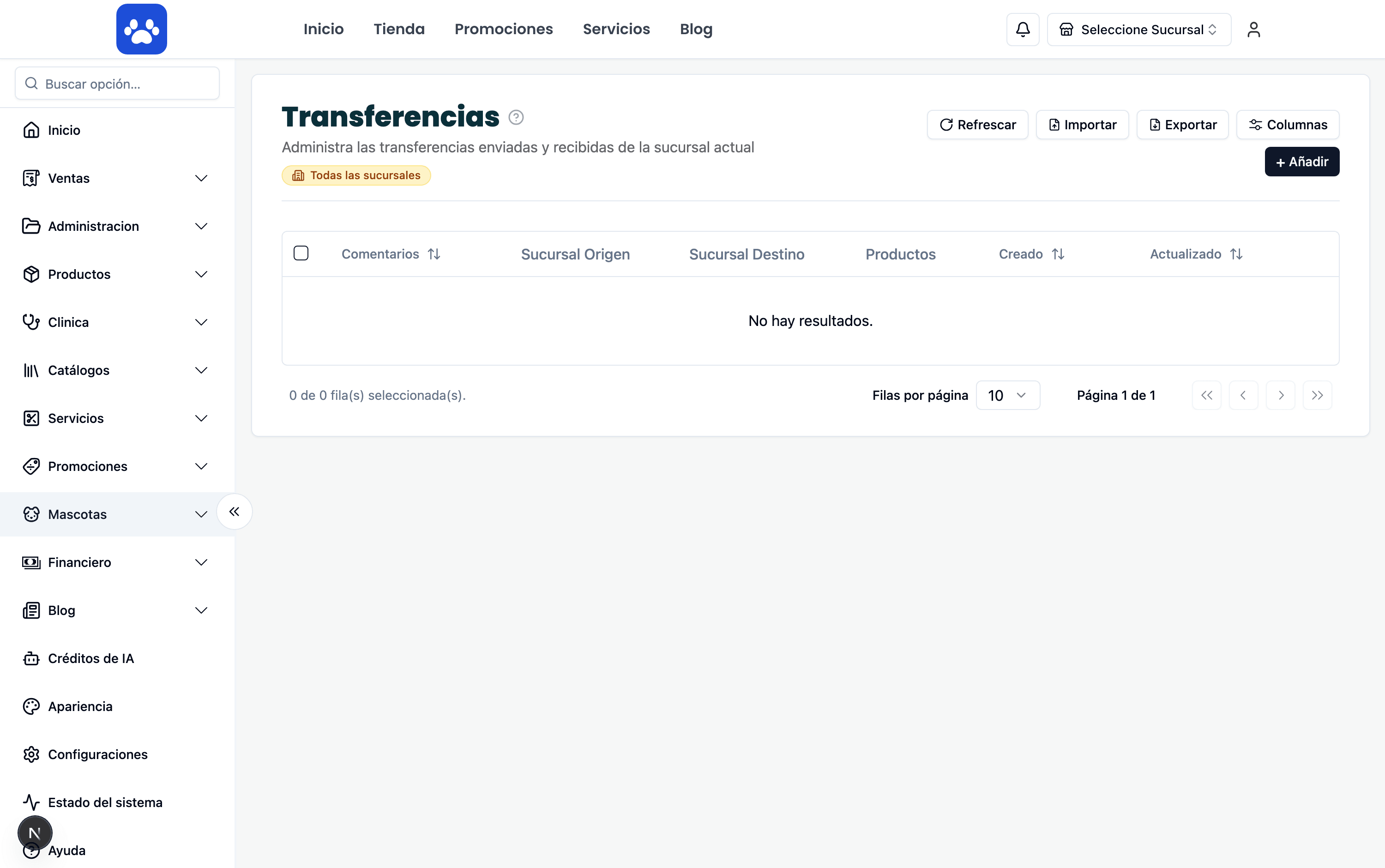 Transferencias y requisiciones — Captura real del sistema