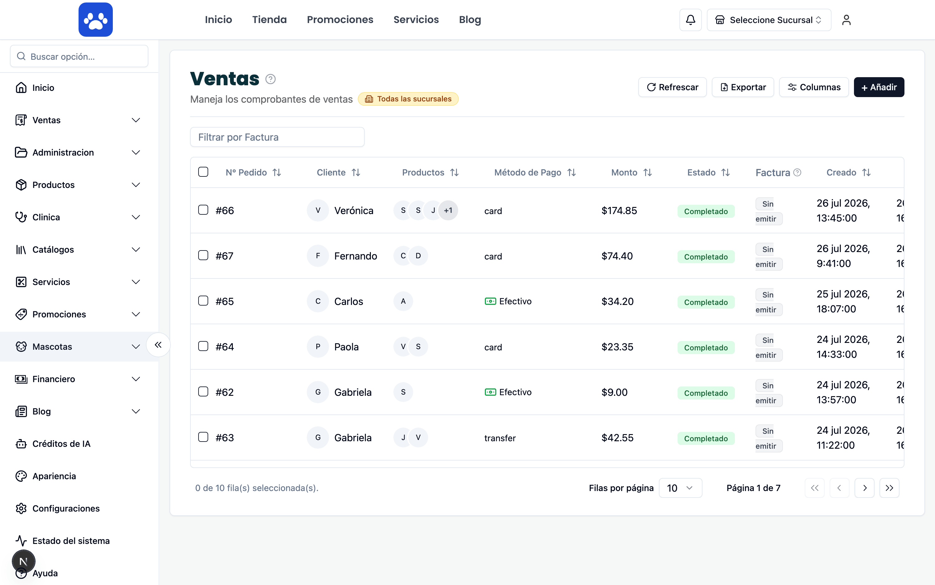 Pedidos y ventas — Captura real del sistema