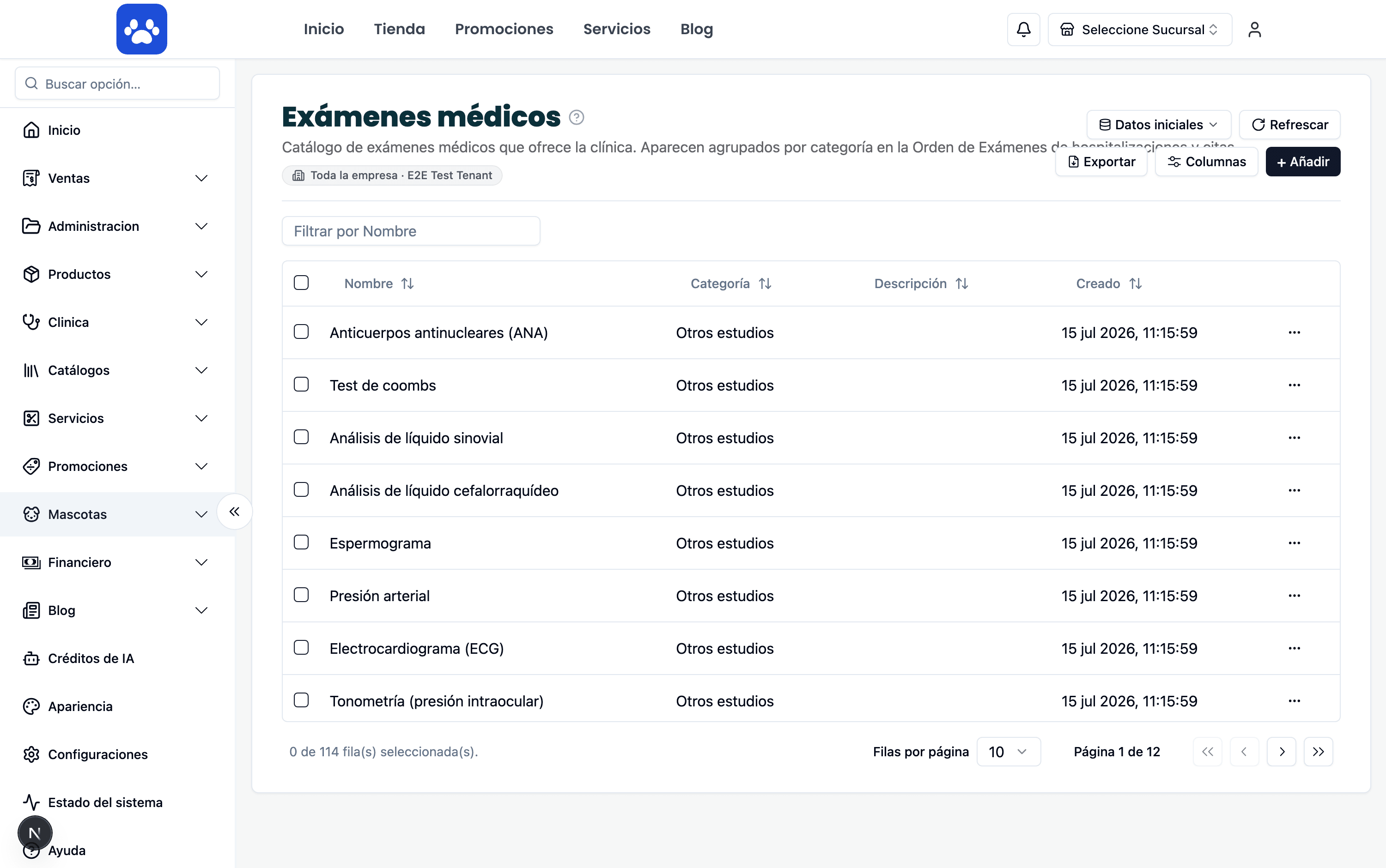 Exámenes y órdenes de laboratorio — Captura real del sistema