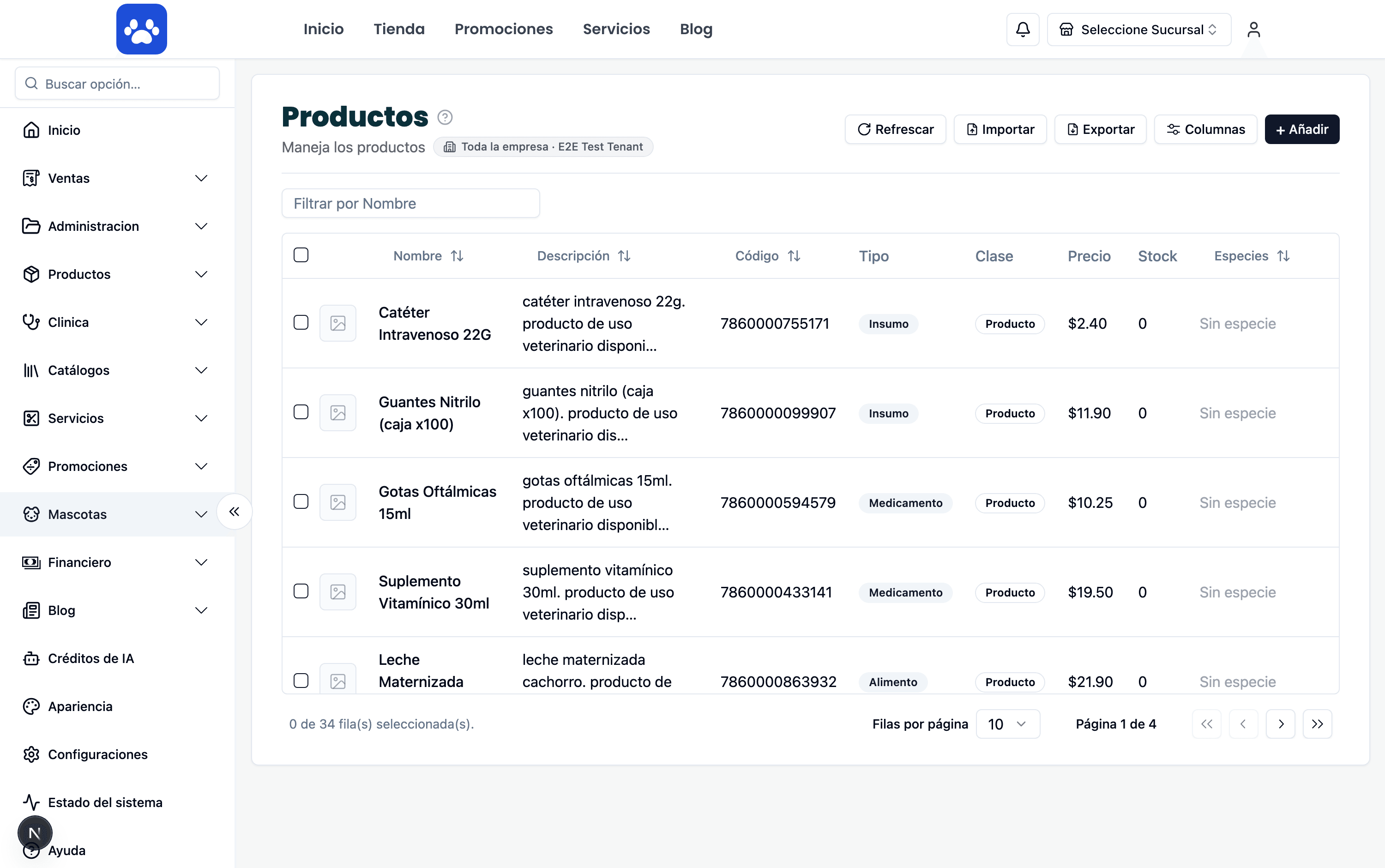 Catálogo de productos — Captura real del sistema