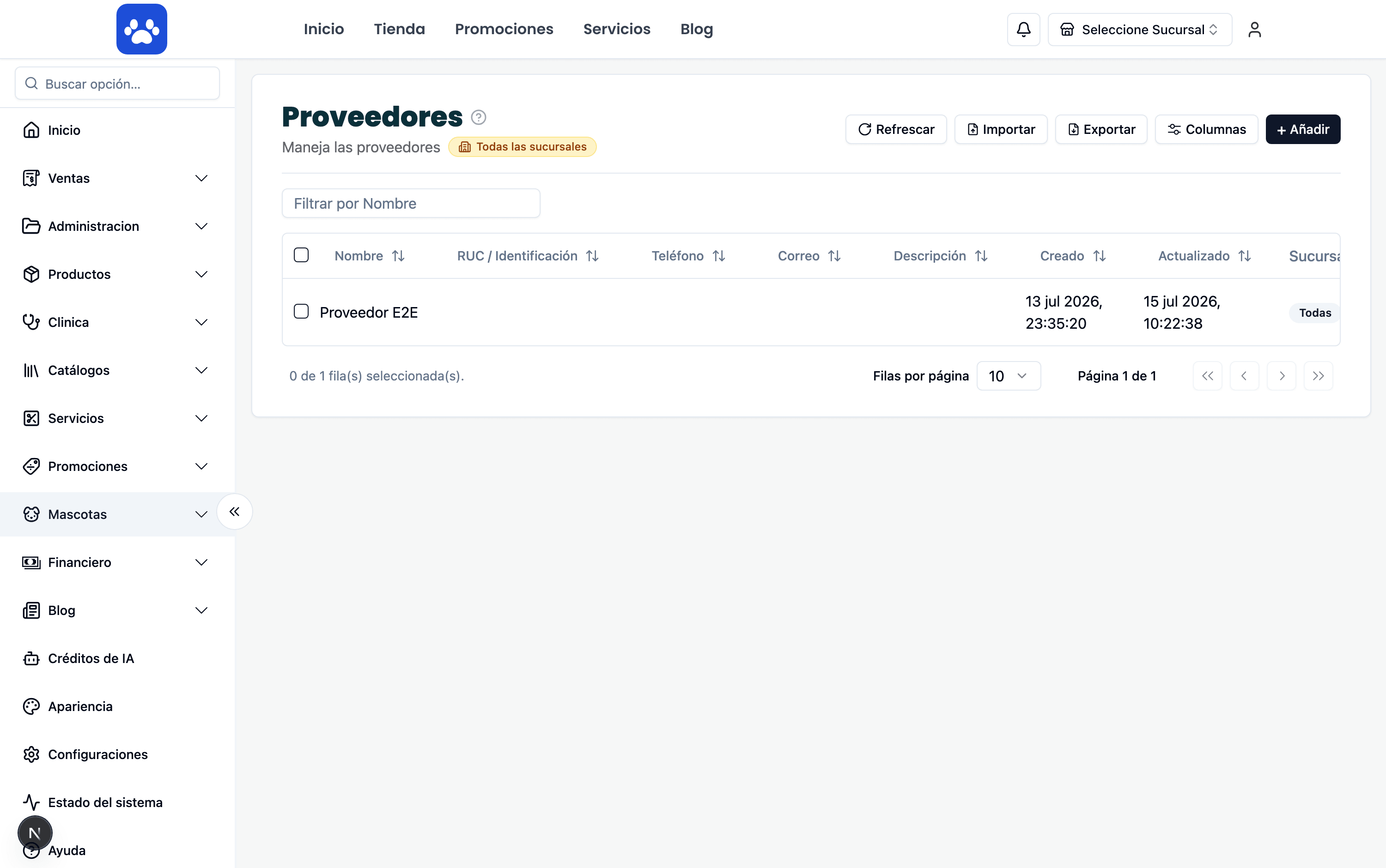 Proveedores y compras — Captura real del sistema