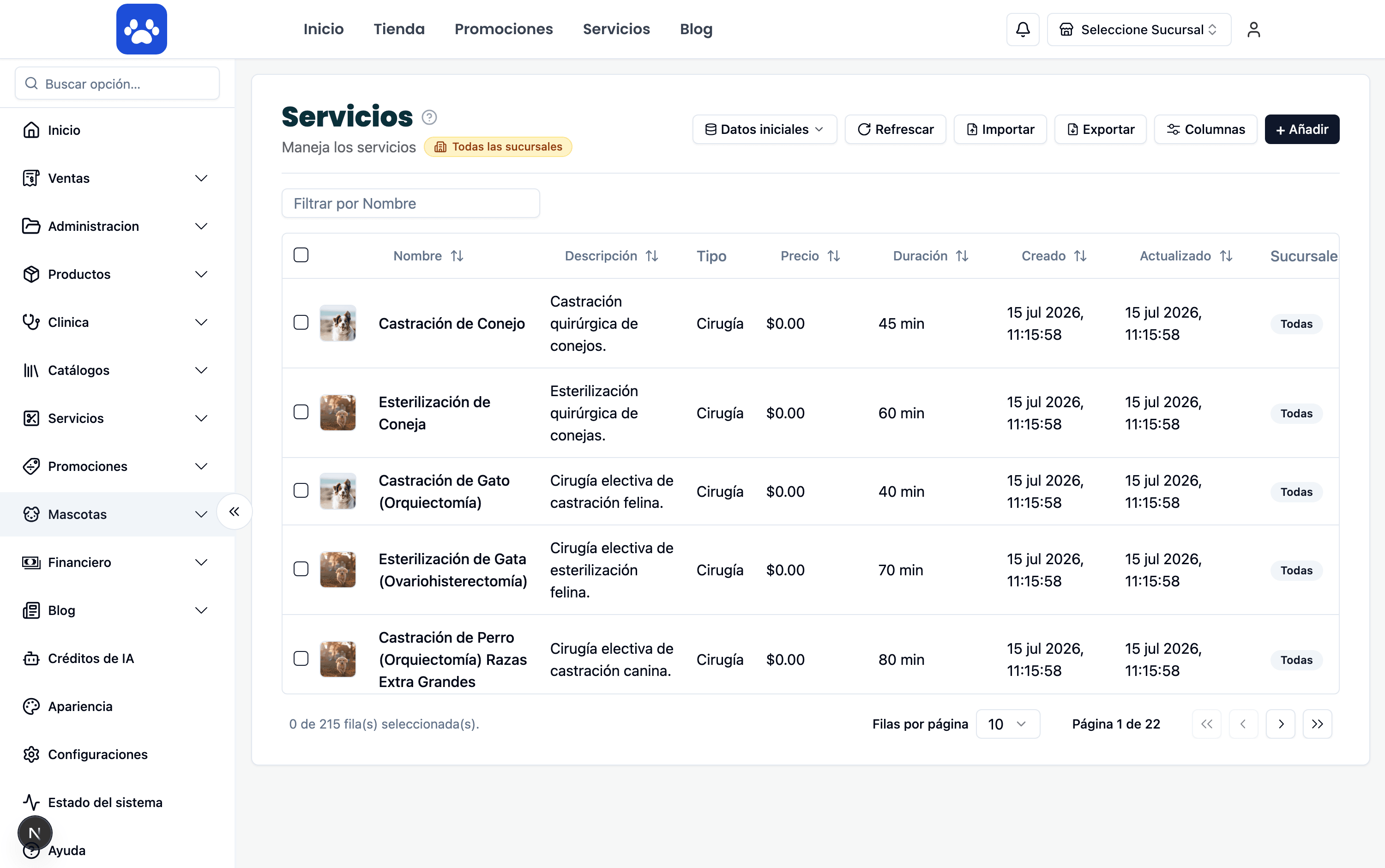 Servicios y tipos de servicio — Captura real del sistema