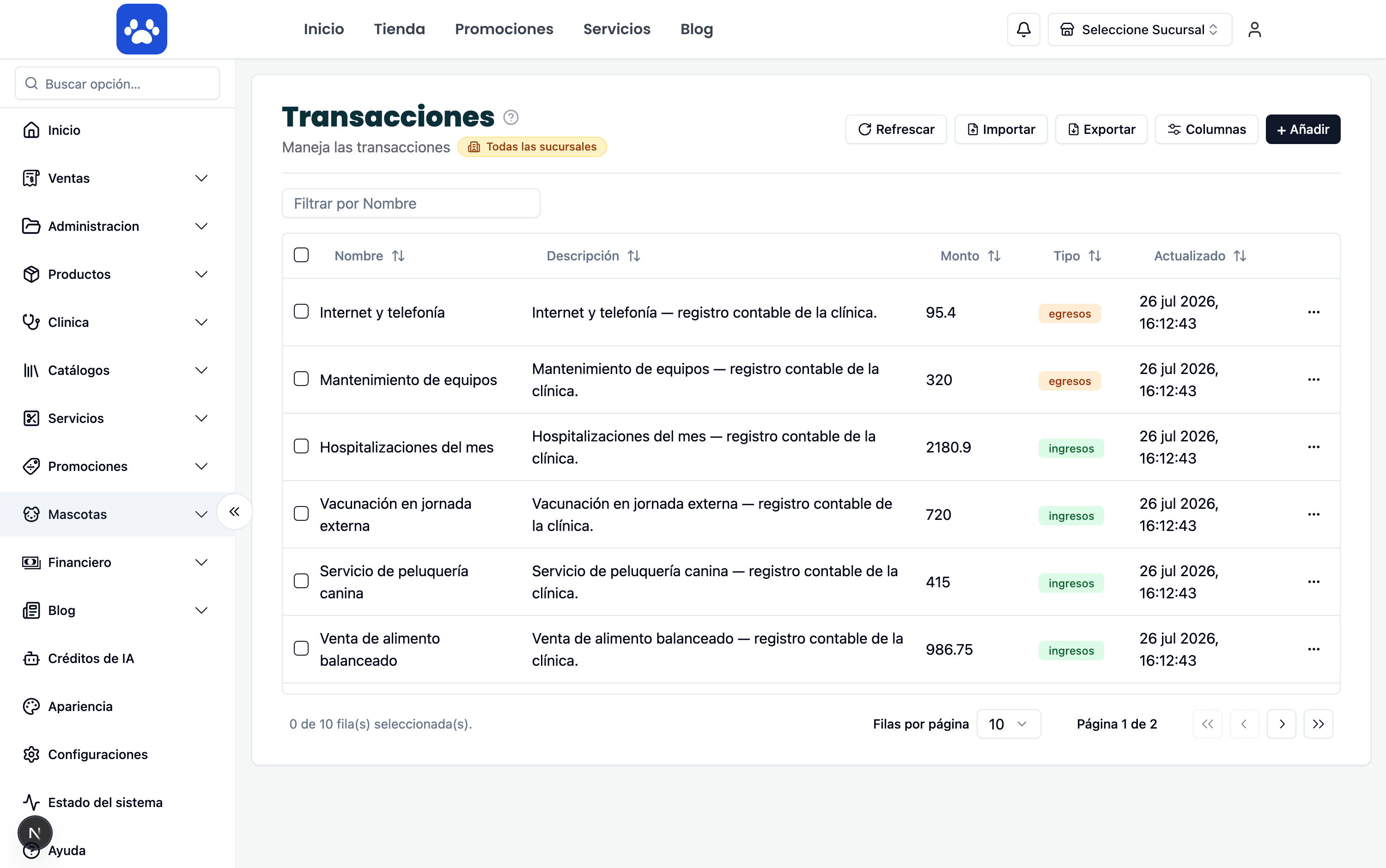 Transacciones y gastos — Captura real del sistema